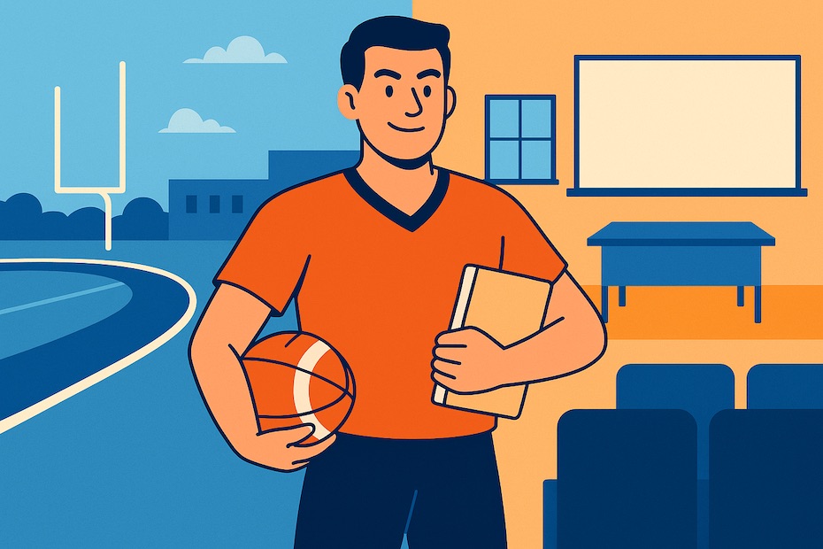A confident student-athlete holding a football and notebook, standing between a sports field and a classroom.