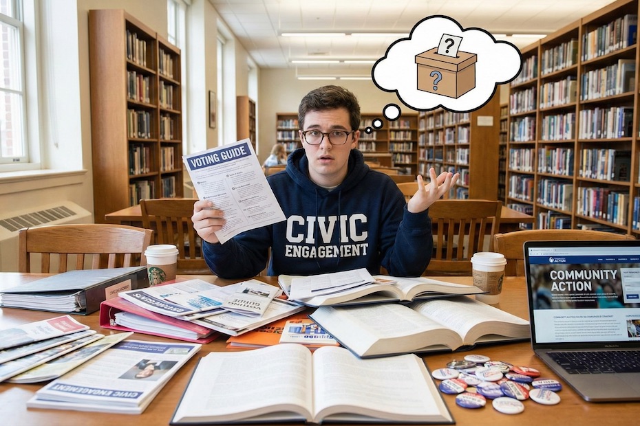 A student surrounded by civic engagement materials, reviewing voting guides and community action resources on a desk.