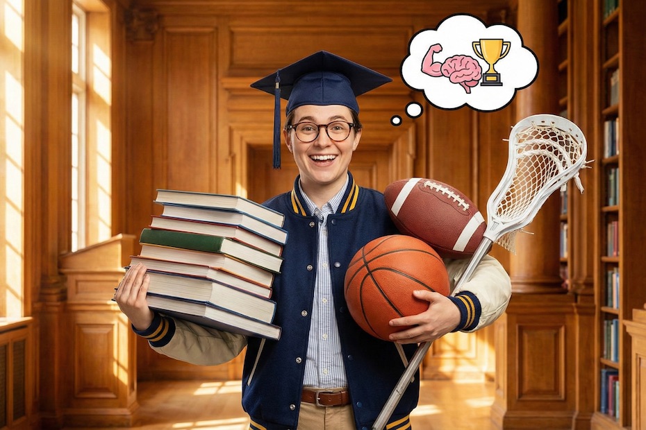 A student-athlete balancing sports gear and textbooks, symbolizing how athletic discipline supports academic excellence.