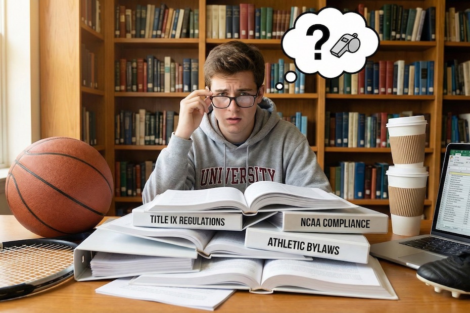 Student reviewing Title IX sports regulations with legal documents and athletic gear on a desk.