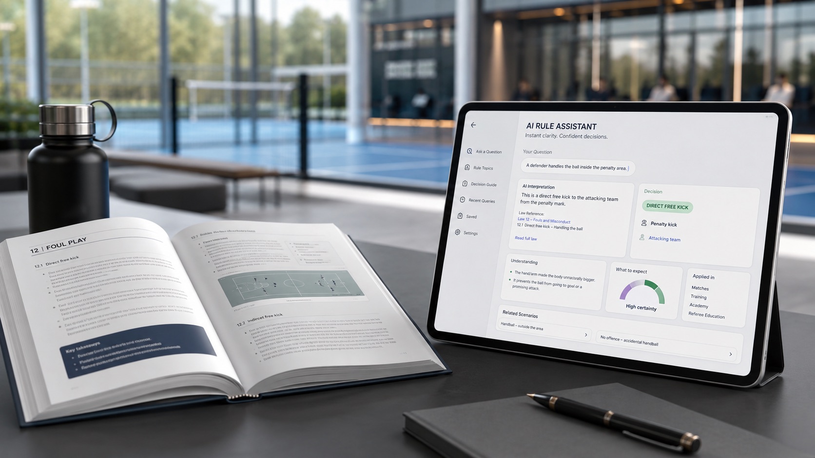 A professional sports technology scene showing a modern rule interpretation dashboard beside a sports venue and official rulebook