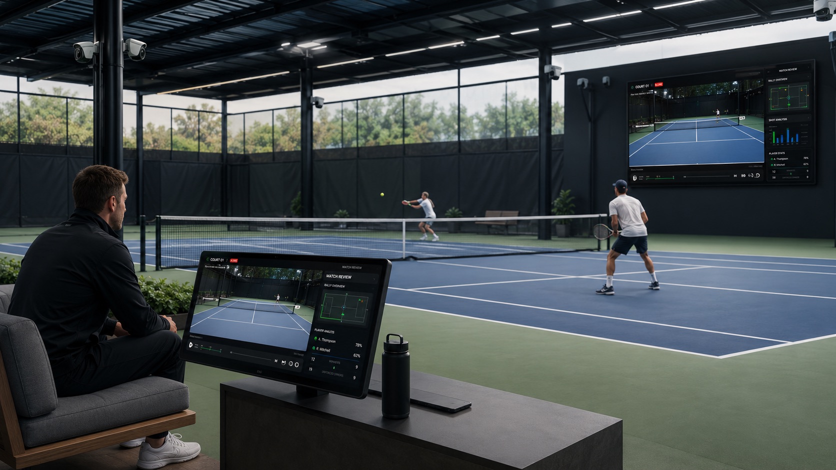 A premium racquet sports facility with a smart court camera system, connected screens, and players training under modern lighting