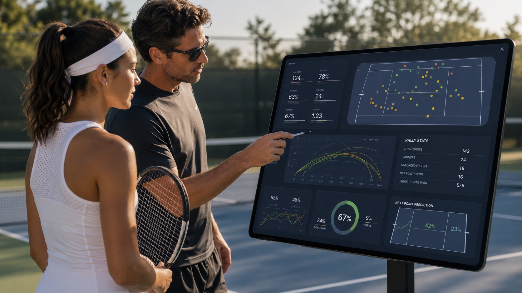 Modern tennis player reviewing AI match analytics from SwingVision on a court-side tablet before a match
