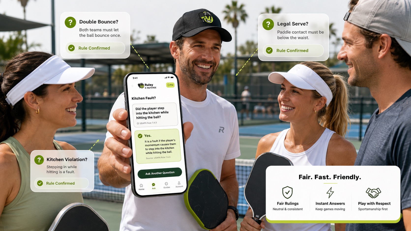 Recreational athletes using Ruley-style E-Referee technology on a phone to settle a sports rule dispute