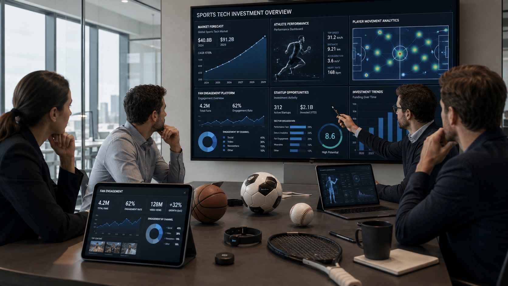 Venture capital professionals reviewing sports technology market data, athlete analytics, and startup opportunities