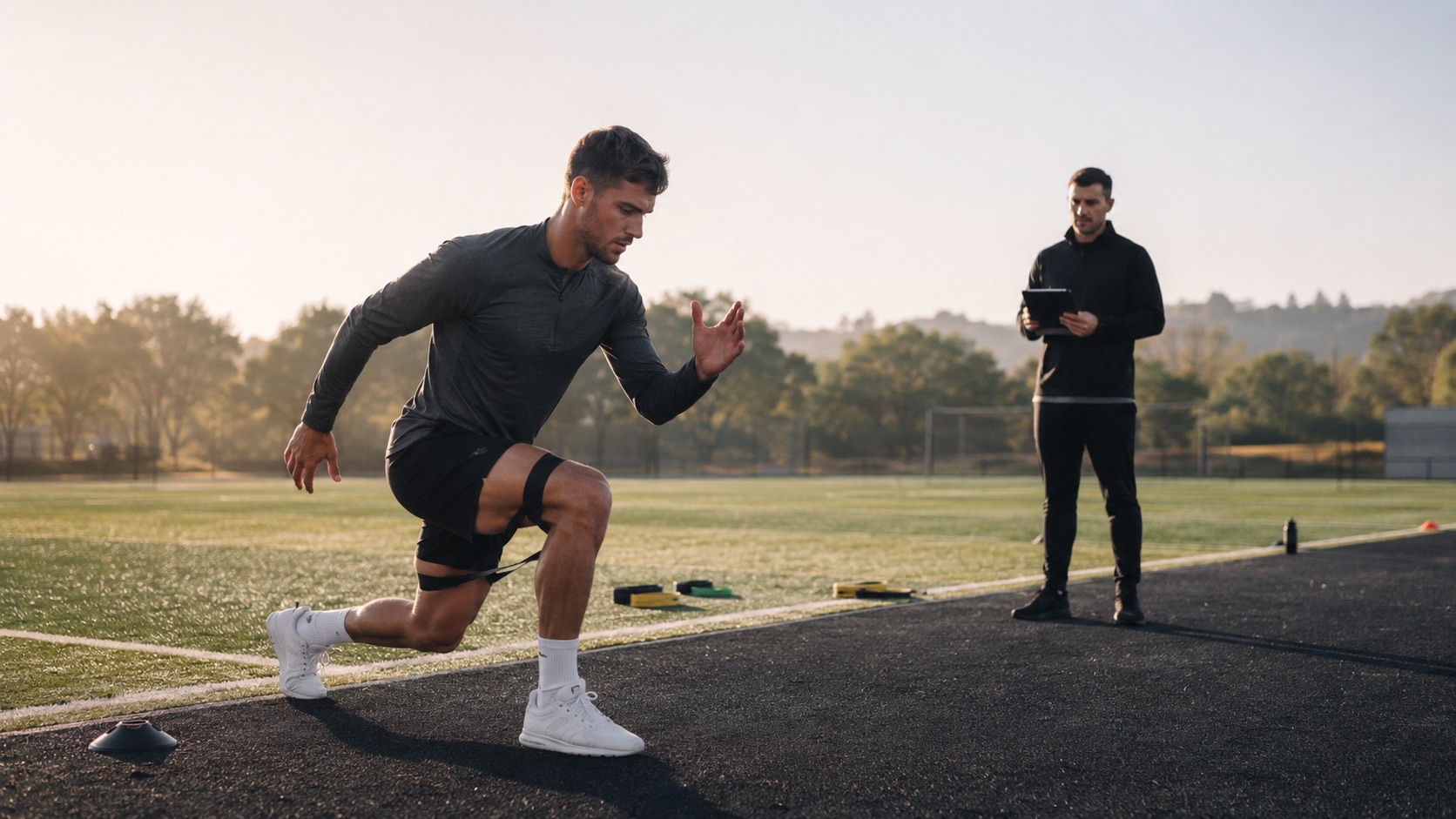 An athlete performs a controlled dynamic warm-up while a performance coach observes movement and reviews training notes beside the field.