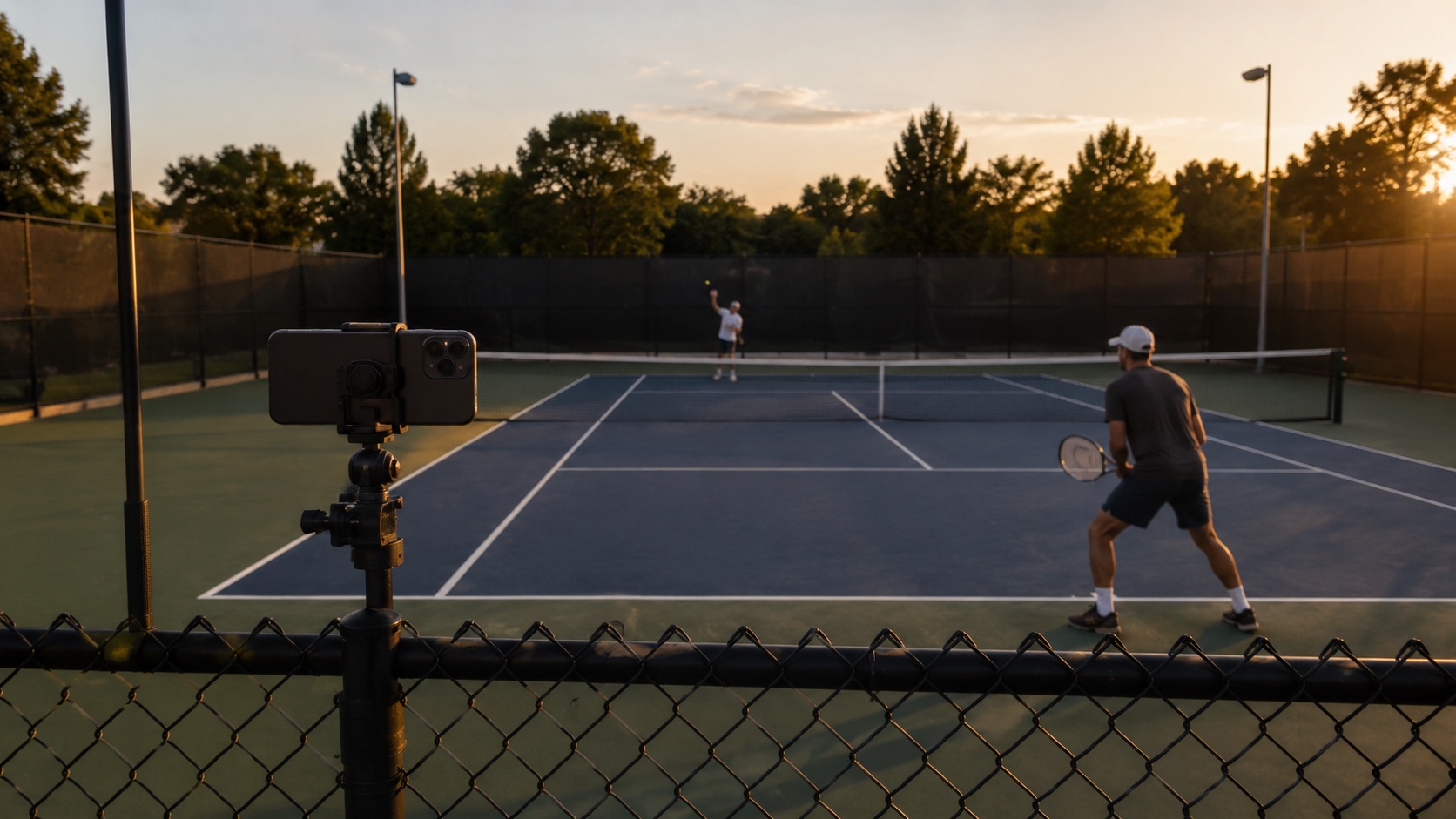 A smartphone mounted securely behind a public tennis court records recreational players during a match for automated line calling and performance analysis.